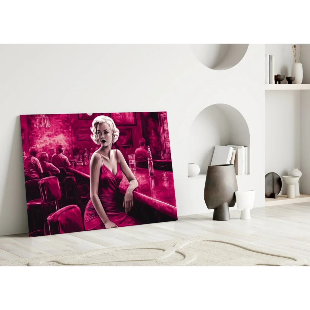 Marilyn Monroe Red Dress Bar Scene Glass Wall Art Canvas Print | Modern Wall Art Decor | vintageantiquesgifts.com