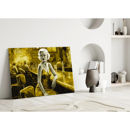 Glamorous woman in elegant dress at bar, golden canvas wall art print