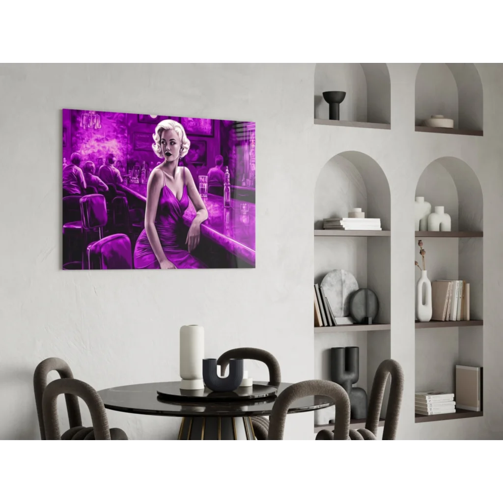Vibrant purple glass wall art of blonde woman in satin dress at bar
