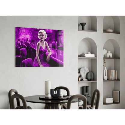 Vibrant purple glass wall art of blonde woman in satin dress at bar