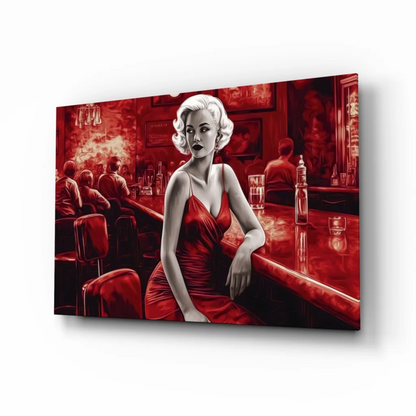Blonde woman in red satin dress, glamorous bar scene glass wall art