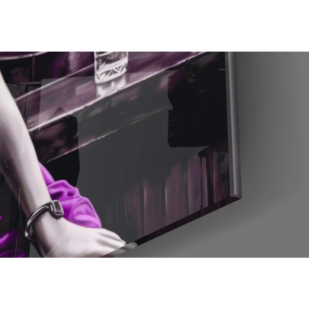 Sleek silver watch band on purple satin bar scene glass wall art