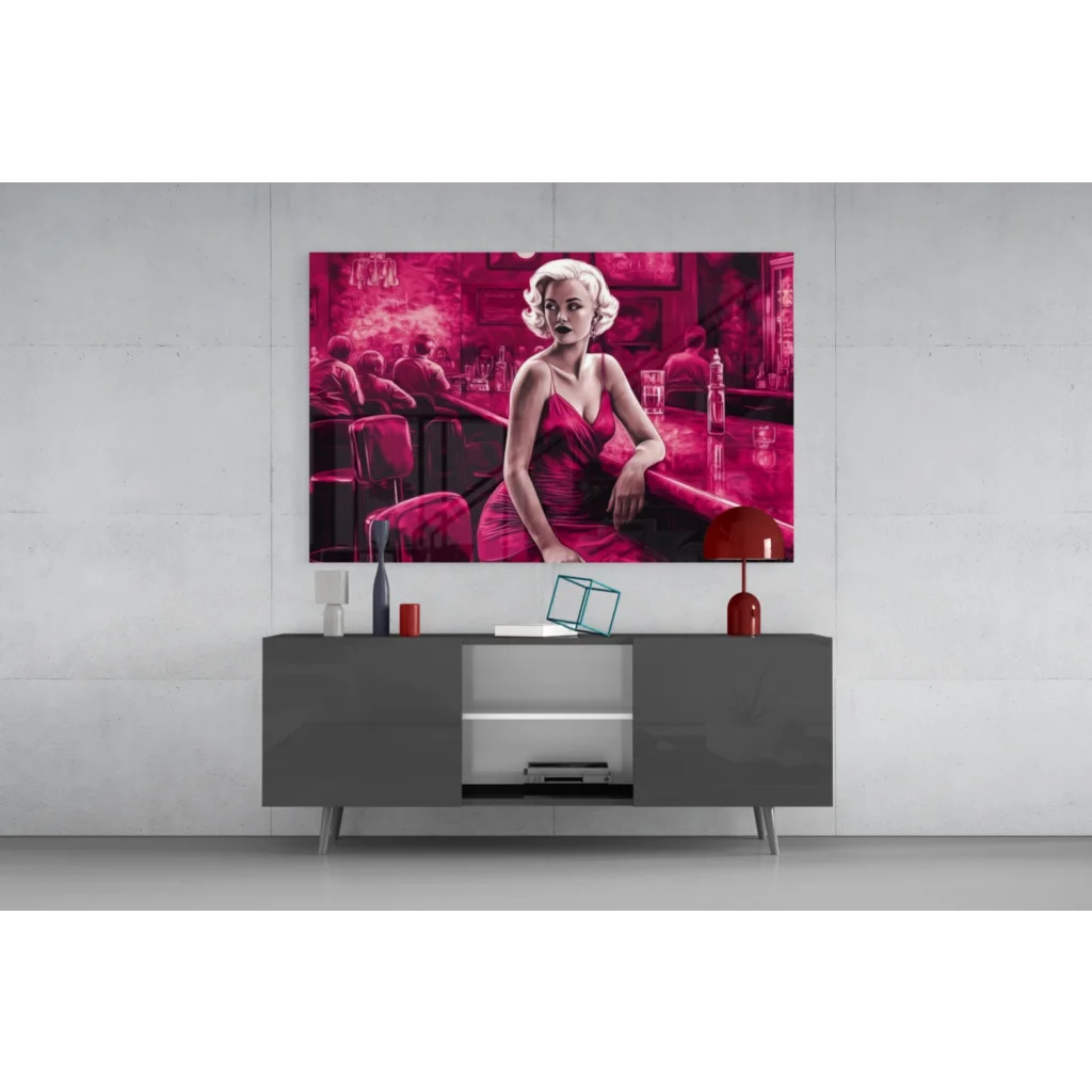 Stylized Marilyn Monroe in red dress bar scene glass wall art canvas print