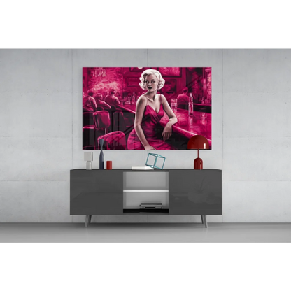 Stylized Marilyn Monroe in red dress bar scene glass wall art canvas print