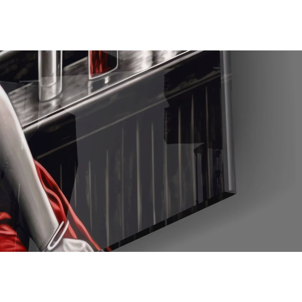 Sleek silver car door handle with glossy finish and Marilyn Monroe red dress wall art accents