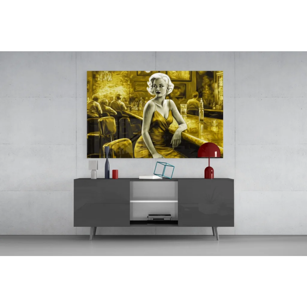 Golden canvas wall art print of glamorous bar scene woman above gray console