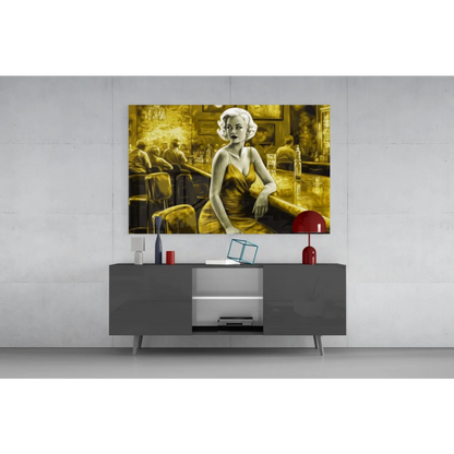 Golden canvas wall art print of glamorous bar scene woman above gray console