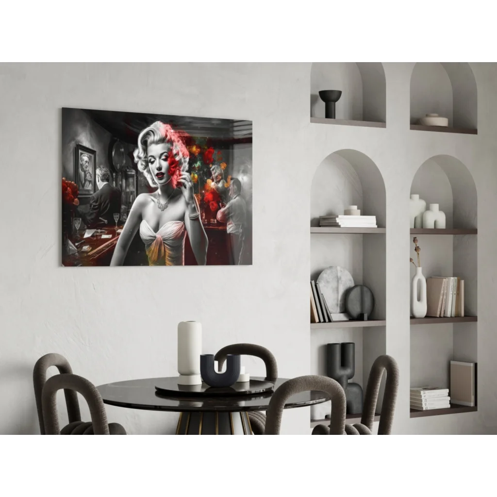Stylized Marilyn Monroe glass wall art with red flowers pop accents