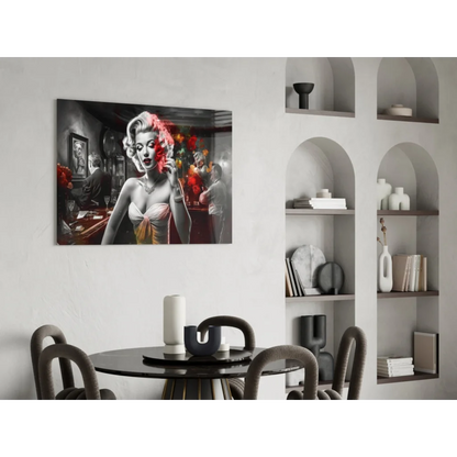 Stylized Marilyn Monroe glass wall art with red flowers pop accents