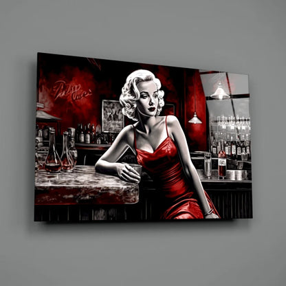 Vibrant Marilyn Monroe red dress in black-and-white bar scene wall art print