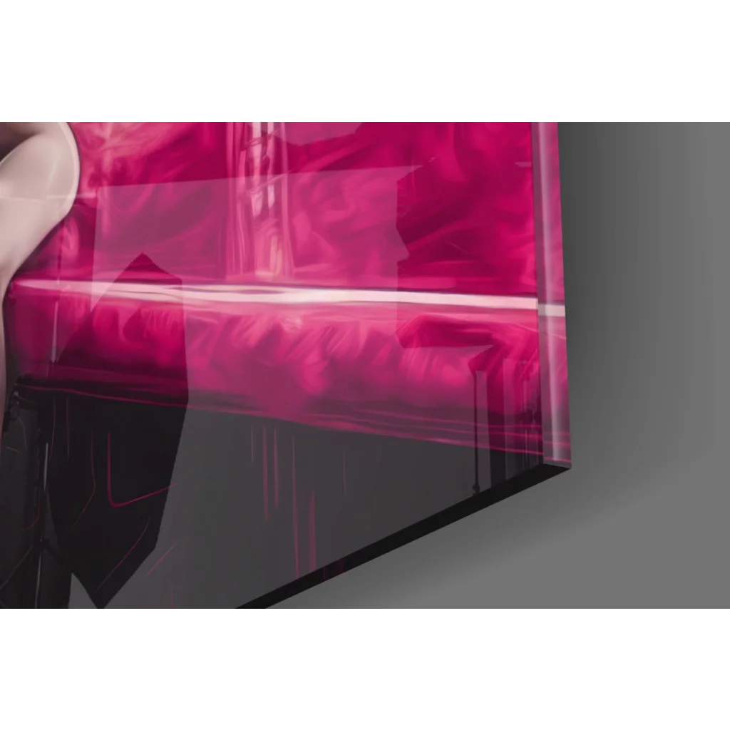 Vibrant pink glass wall art of Marilyn Monroe red dress bar scene