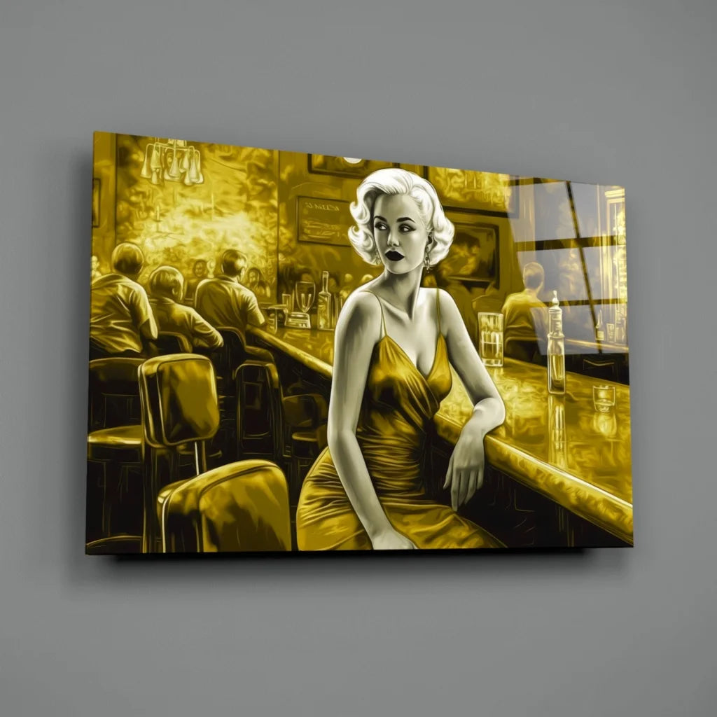 Golden canvas wall art of glamorous bar scene with woman