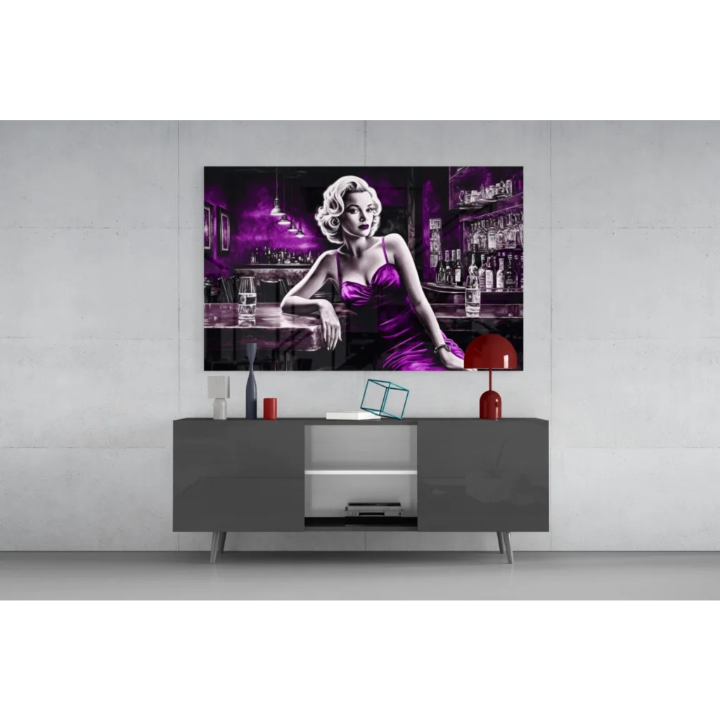 Blonde in vibrant purple satin dress, bar scene glass wall art canvas