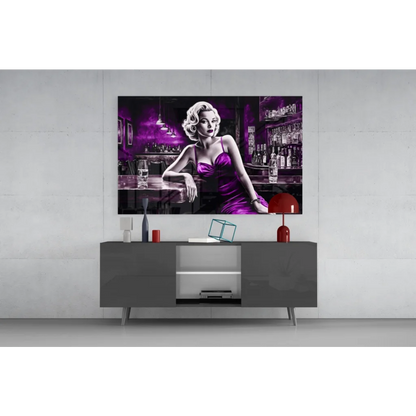 Blonde in vibrant purple satin dress, bar scene glass wall art canvas
