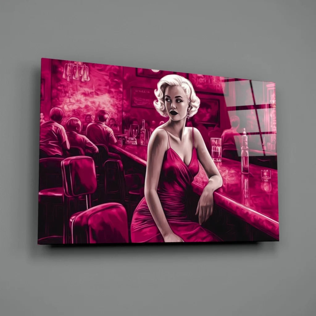 Marilyn Monroe Red Dress Bar Scene Glass Wall Art Canvas Print | Glass Wall Art Print | vintageantiquesgifts.com