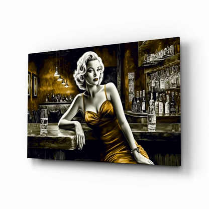 Blonde woman in golden satin dress, glamorous bar scene glass wall art
