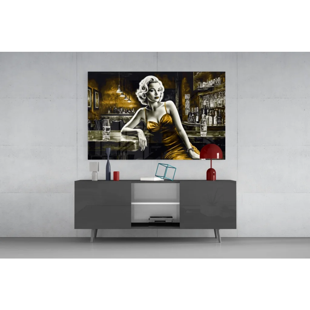 Marilyn Monroe in gold dress bar scene glass wall art canvas print