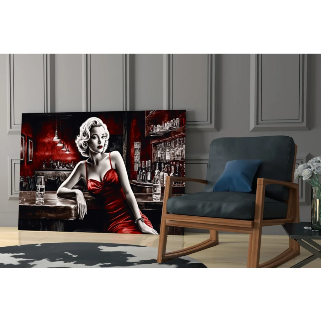 Stylized Marilyn Monroe in red satin dress bar scene wall art canvas print