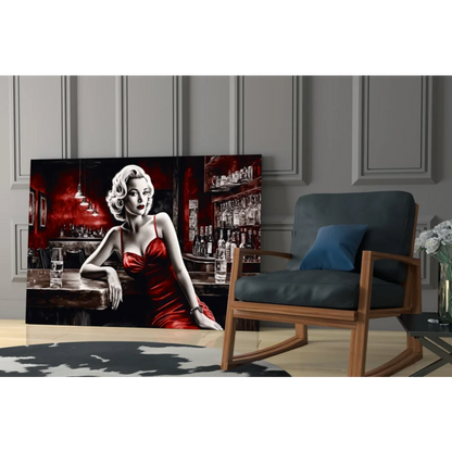 Stylized Marilyn Monroe in red satin dress bar scene wall art canvas print