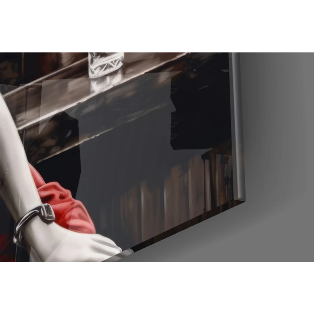 Sleek silver watch on white mannequin arm in glamorous red dress bar scene glass wall art