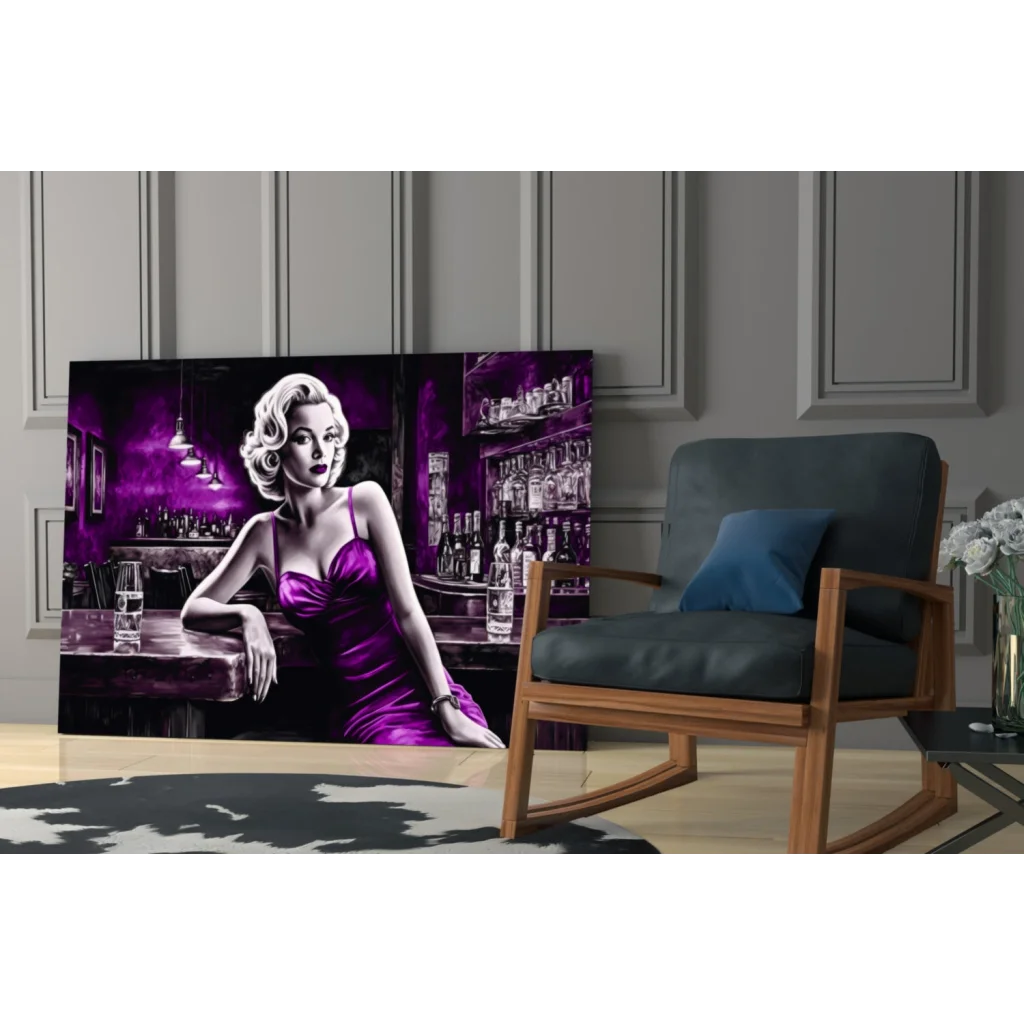 Blonde in purple satin dress in bar, stunning glass wall art print