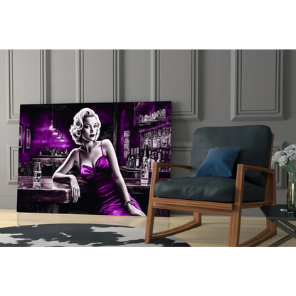 Blonde in purple satin dress in bar, stunning glass wall art print