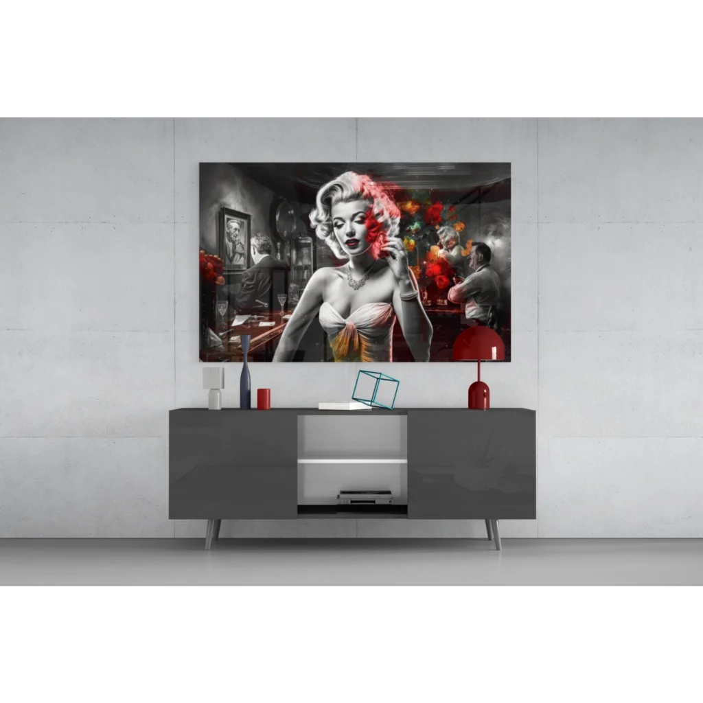 Marilyn Monroe pop art glass wall art with red flowers