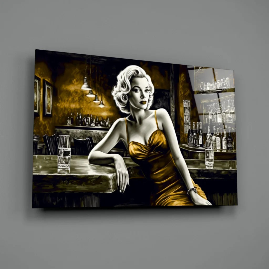 Stylized Marilyn Monroe in gold dress at bar, glass wall art canvas print