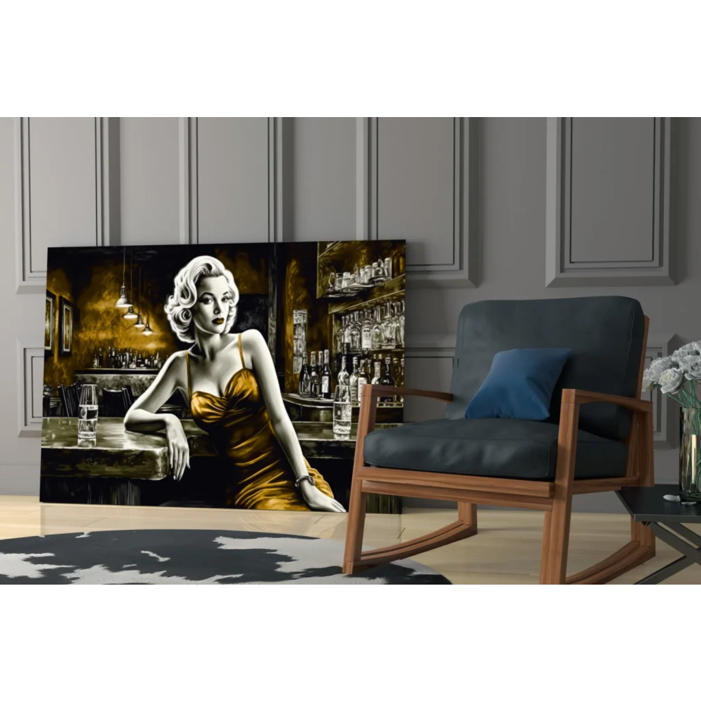 Stylized Marilyn Monroe in golden satin dress bar scene glass wall art