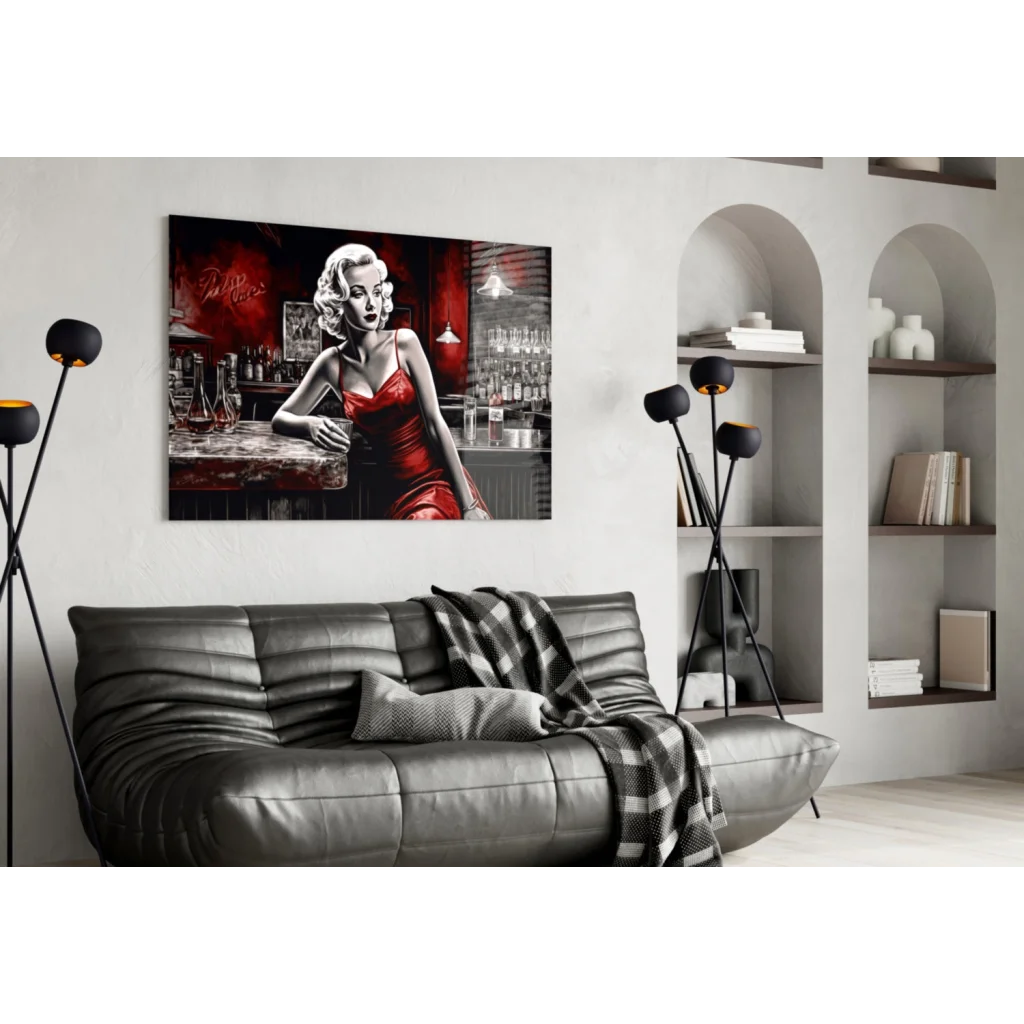 Vibrant Marilyn Monroe red dress bar scene glass wall art canvas print