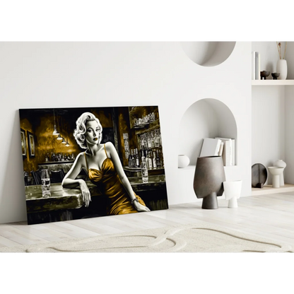 Glamorous woman in gold dress at bar, glass wall art canvas print