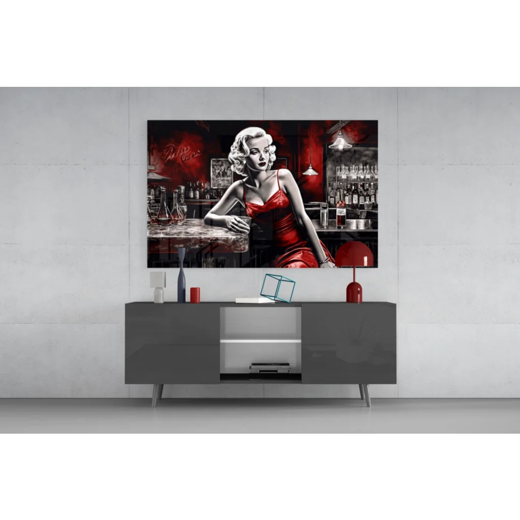 Vibrant Marilyn Monroe in red dress bar scene wall art canvas print