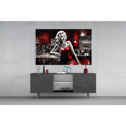 Vibrant Marilyn Monroe in red dress bar scene wall art canvas print