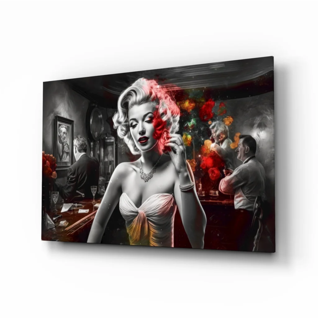 Marilyn Monroe Pop Art Glass Wall Art with Red Flowers | Insigneart USA | vintageantiquesgifts.com