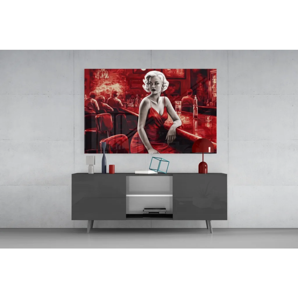 Vibrant red 1950s bar woman glass wall art canvas print