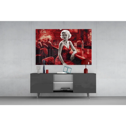 Vibrant red 1950s bar woman glass wall art canvas print