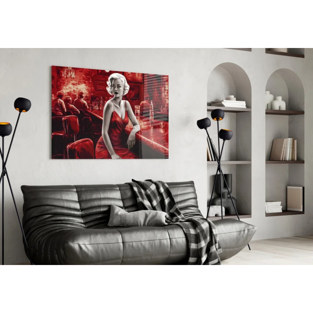 Vibrant Marilyn Monroe in red black glamorous bar glass wall art print