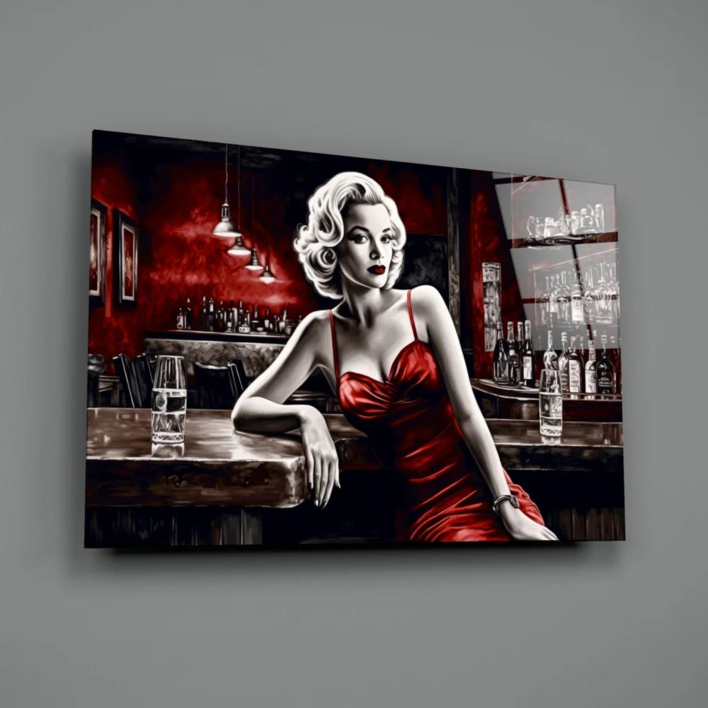 Glamorous woman in red dress at bar, glass wall art print