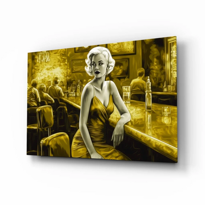 Golden canvas wall art print of glamorous woman in satin dress at bar