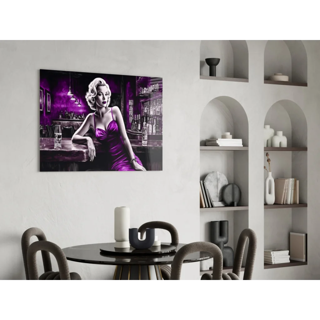 Vibrant purple Marilyn Monroe glass wall art canvas print in satin dress bar scene