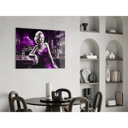 Vibrant purple Marilyn Monroe glass wall art canvas print in satin dress bar scene