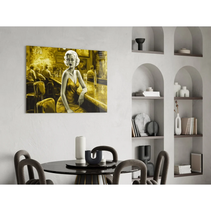 Golden-toned vintage woman in elegant dress at glamorous bar, wall art print