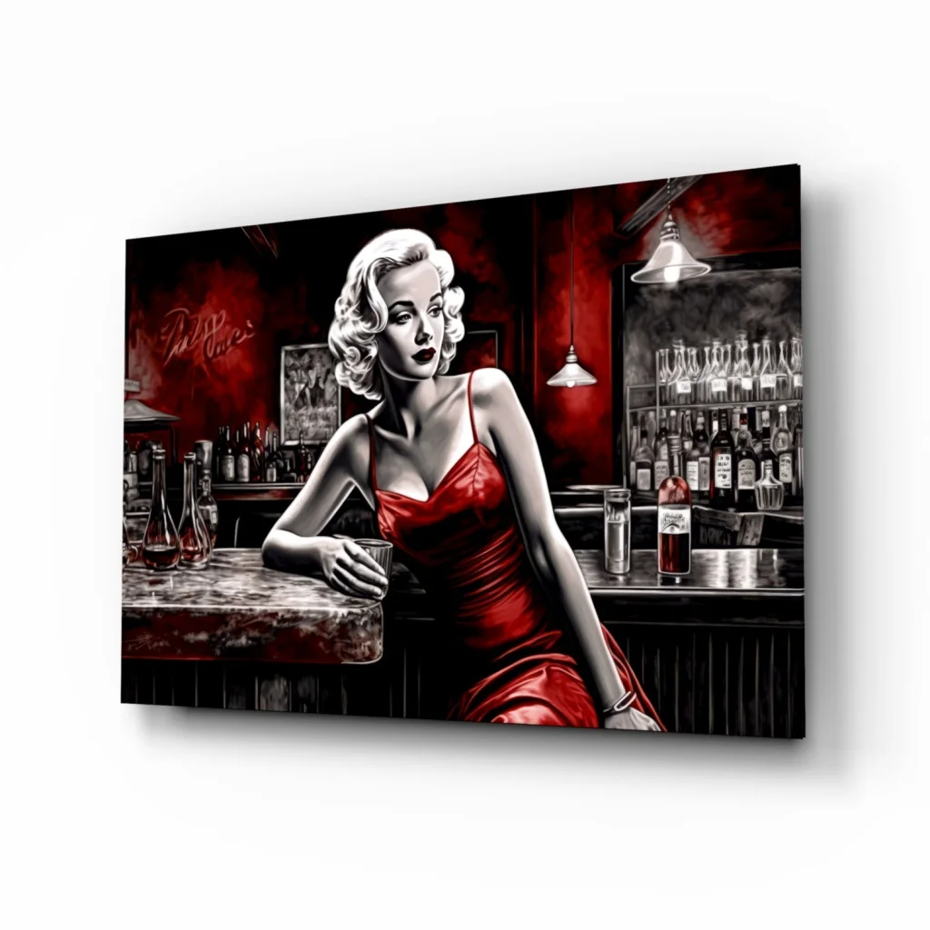 Blonde in red satin dress, Marilyn Monroe wall art print