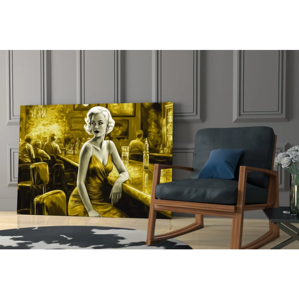 Golden canvas wall art of glamorous bar scene with woman