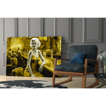 Golden canvas wall art of glamorous bar scene with woman