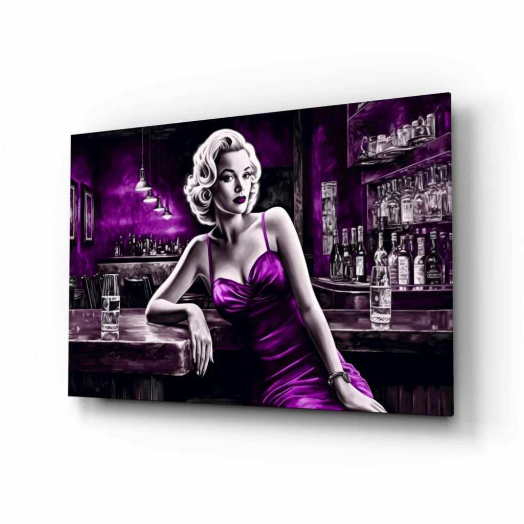 Blonde in vibrant purple satin dress in retro bar, glass wall art print