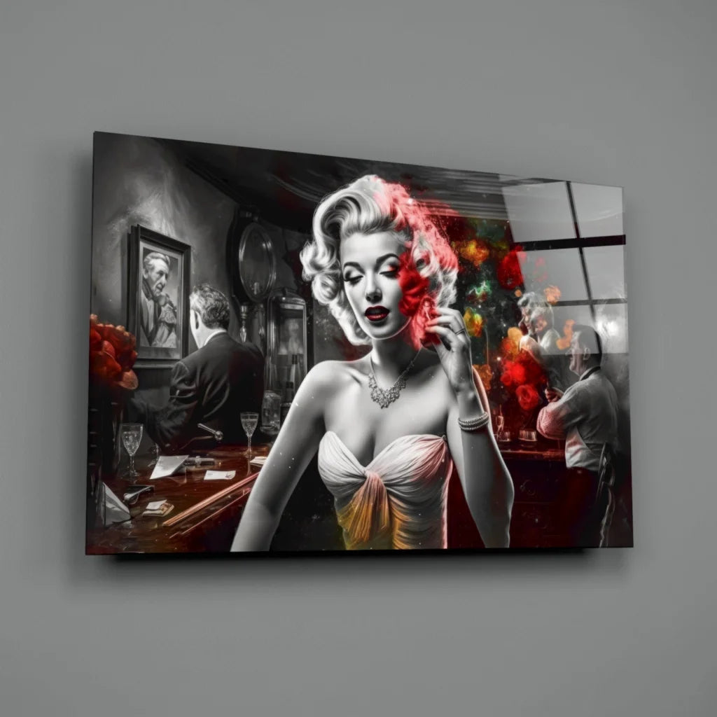 Marilyn Monroe Pop Art Glass Wall Art with Red Flowers | Glass Wall Art Print | vintageantiquesgifts.com