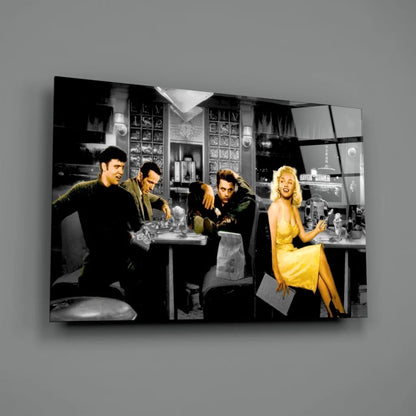 Vibrant yellow Marilyn Monroe dress in 1950s diner scene wall art