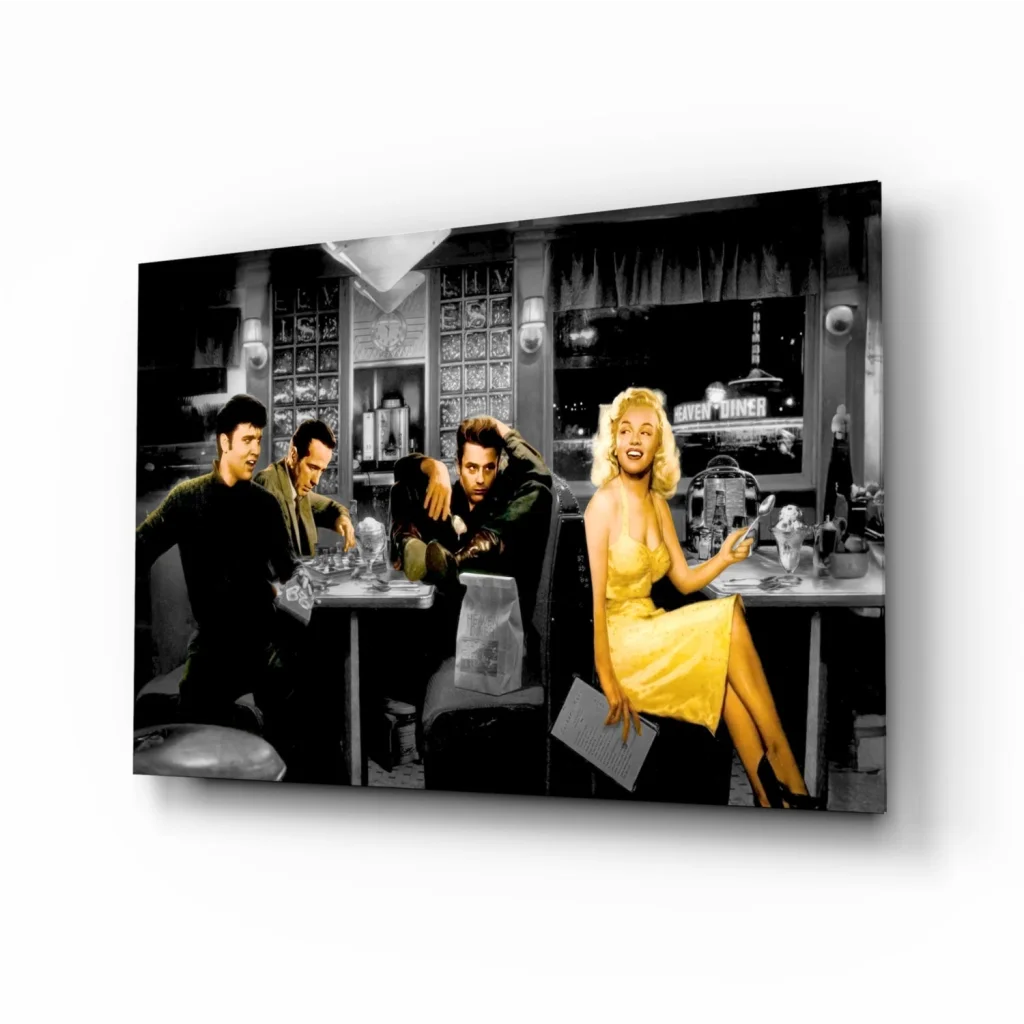 Blonde in vibrant yellow Marilyn Monroe dress at diner, framed wall art