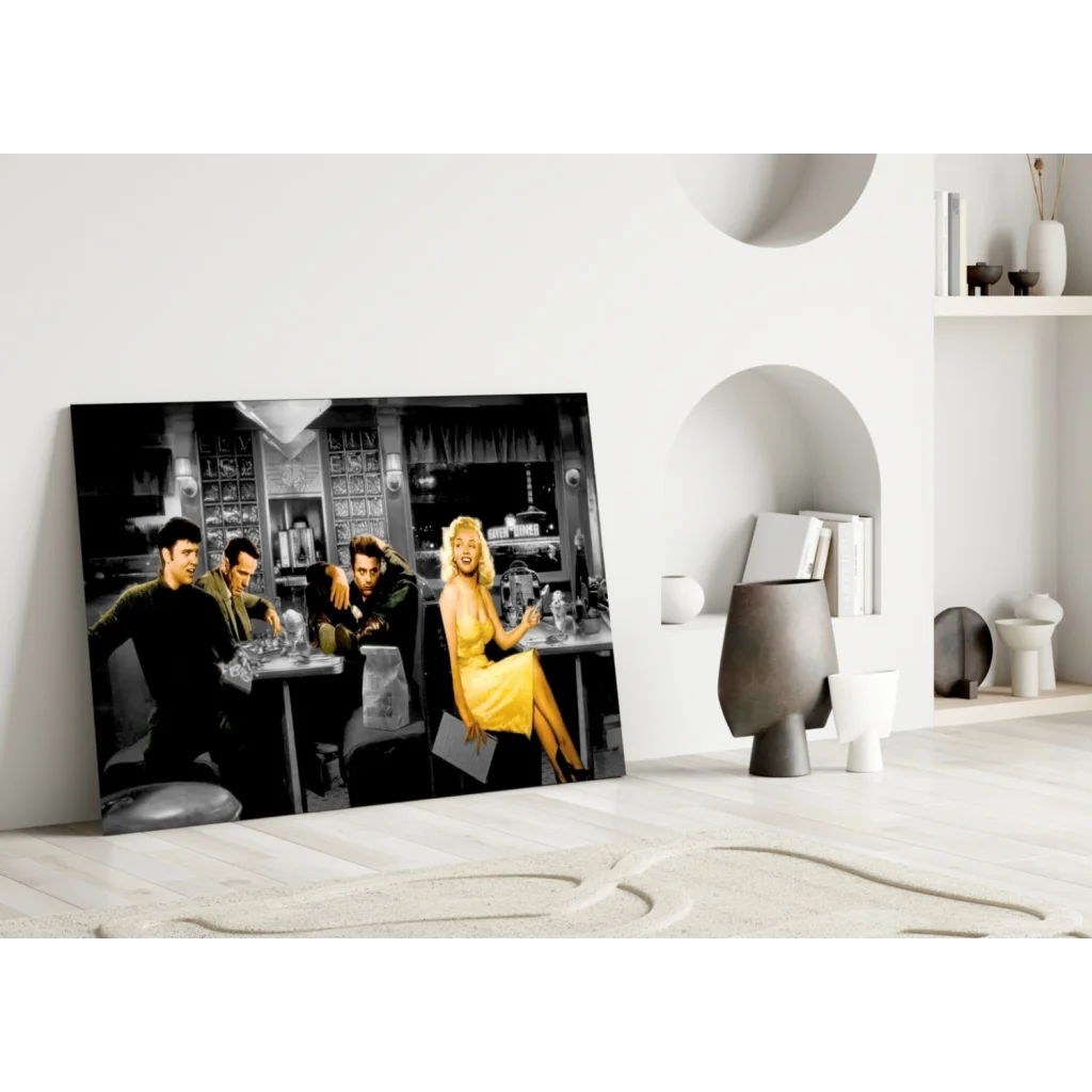 Marilyn Monroe in yellow dress diner scene framed canvas wall art